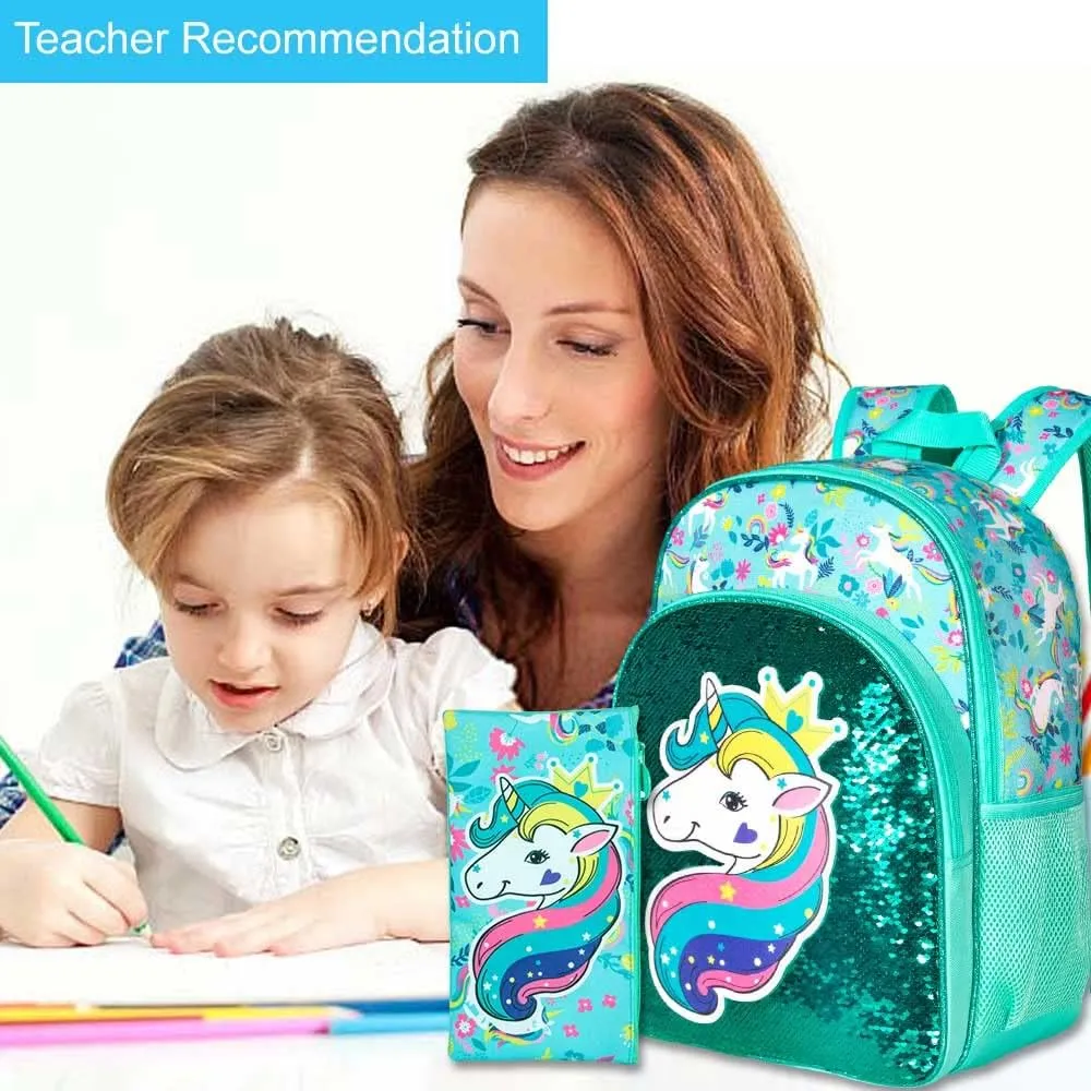 gxtvo 3PCS Girls Backpack, 16" Sequin Prechool Elementary Bookbag and Lunch Box