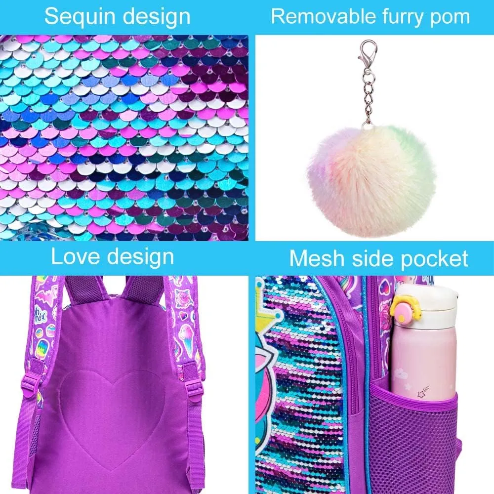 gxtvo 3PCS Girls Backpack, 16" Sequin Prechool Elementary Bookbag and Lunch Box