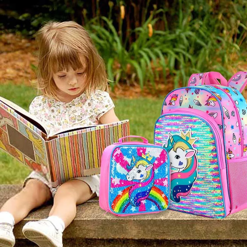 gxtvo 3PCS Girls Backpack, 16" Sequin Prechool Elementary Bookbag and Lunch Box