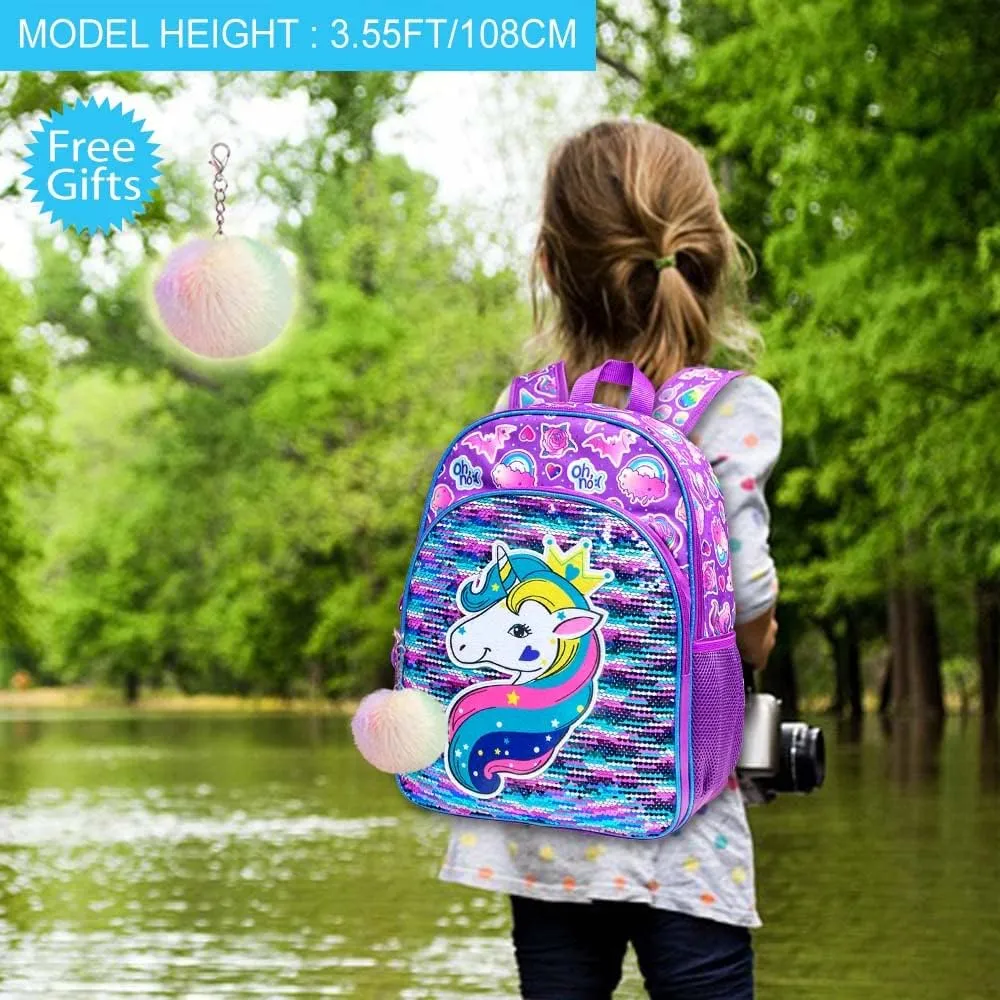 gxtvo 3PCS Girls Backpack, 16" Sequin Prechool Elementary Bookbag and Lunch Box