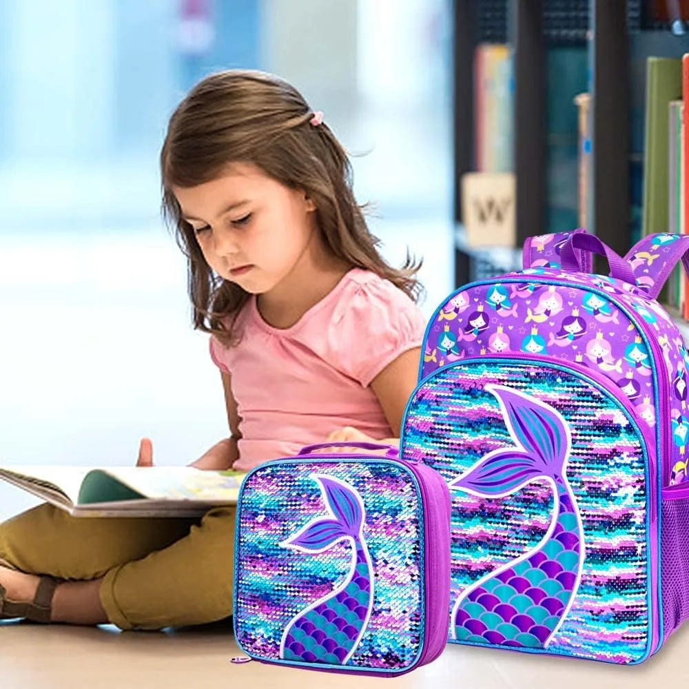 gxtvo 3PCS Girls Backpack, 16" Sequin Prechool Elementary Bookbag and Lunch Box