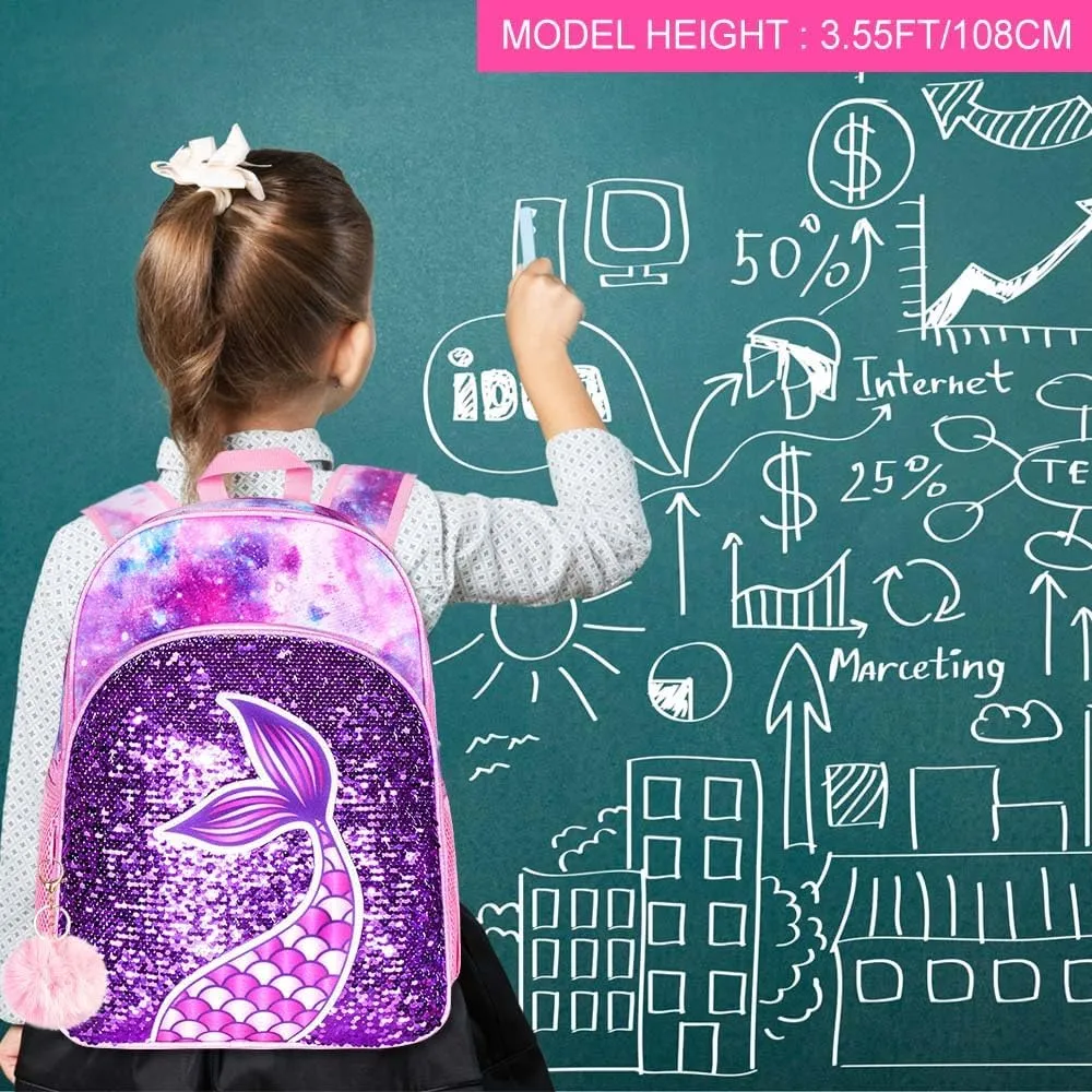 gxtvo 3PCS Girls Backpack, 16" Sequin Prechool Elementary Bookbag and Lunch Box
