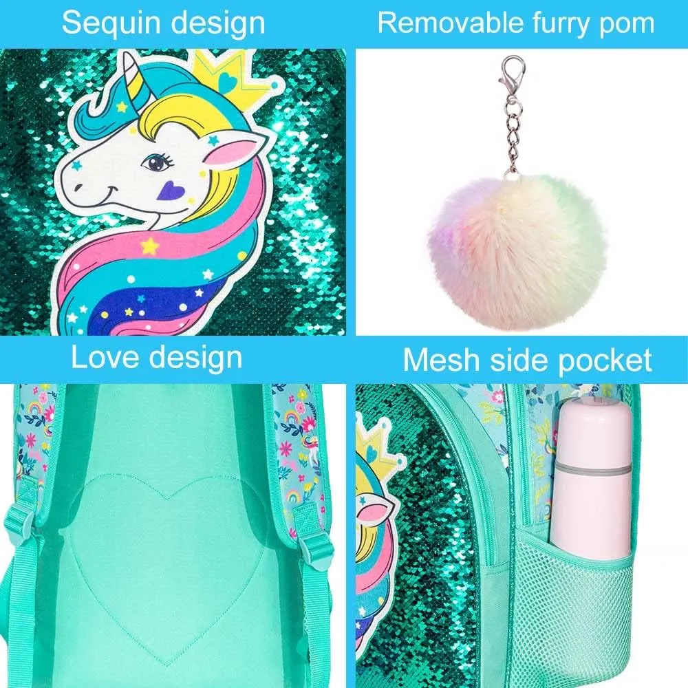 gxtvo 3PCS Girls Backpack, 16" Sequin Prechool Elementary Bookbag and Lunch Box