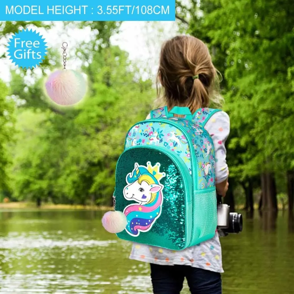 gxtvo 3PCS Girls Backpack, 16" Sequin Prechool Elementary Bookbag and Lunch Box