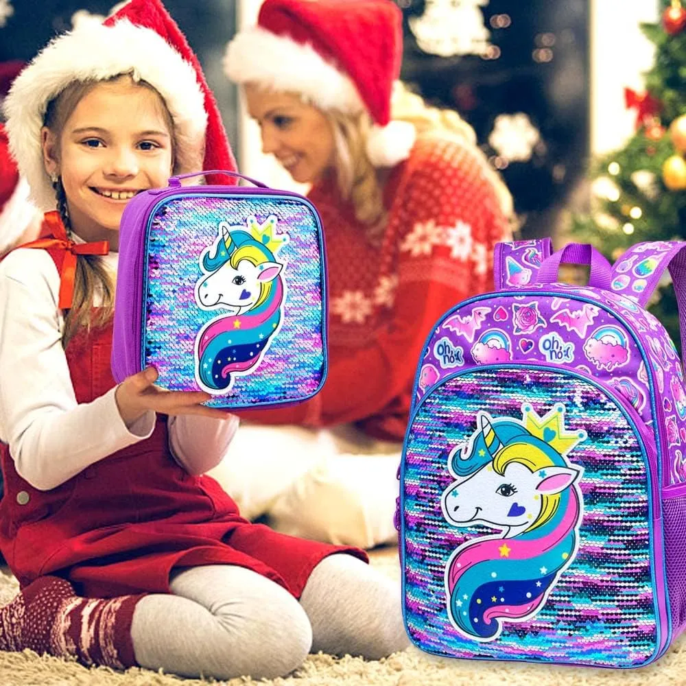 gxtvo 3PCS Girls Backpack, 16" Sequin Prechool Elementary Bookbag and Lunch Box
