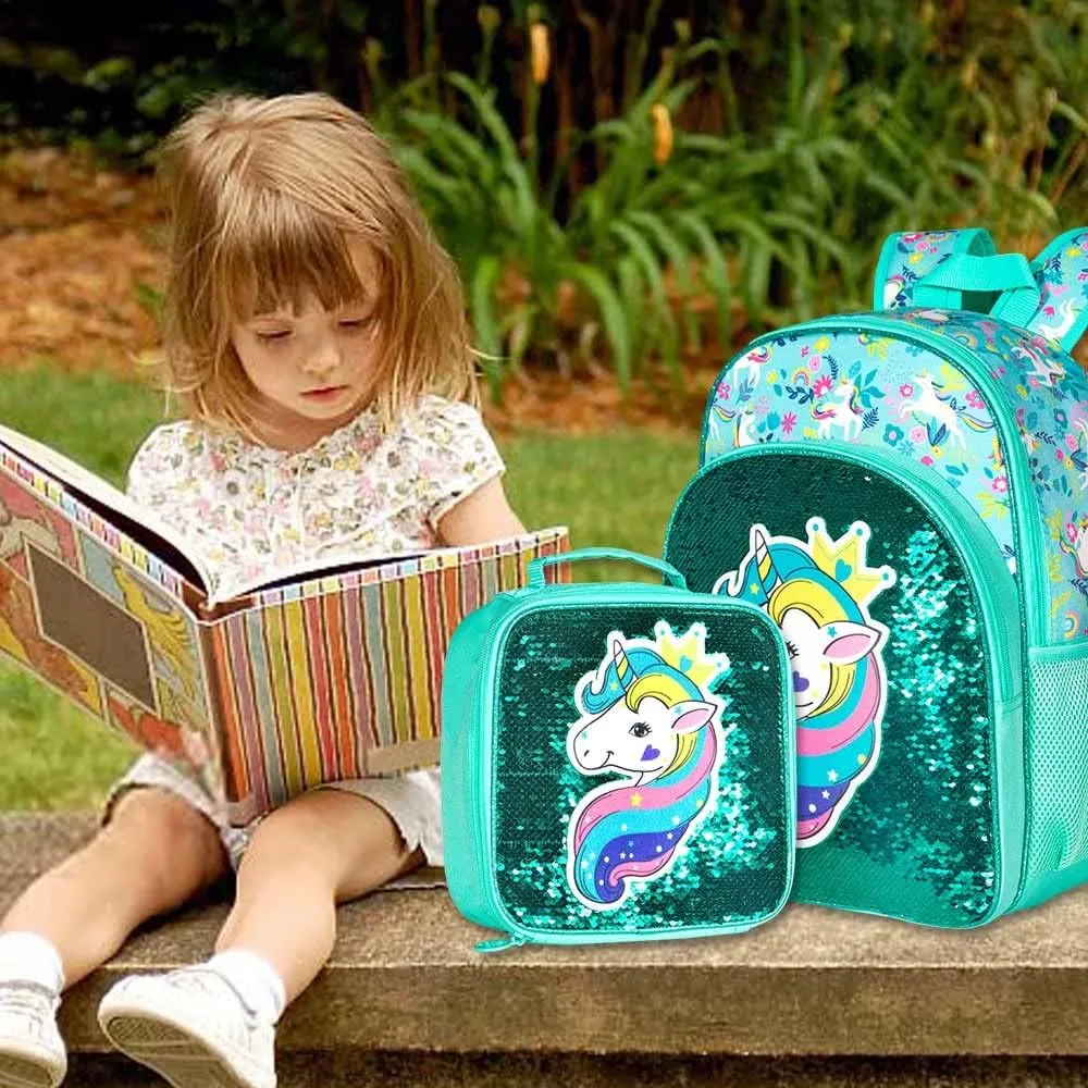 gxtvo 3PCS Girls Backpack, 16" Sequin Prechool Elementary Bookbag and Lunch Box