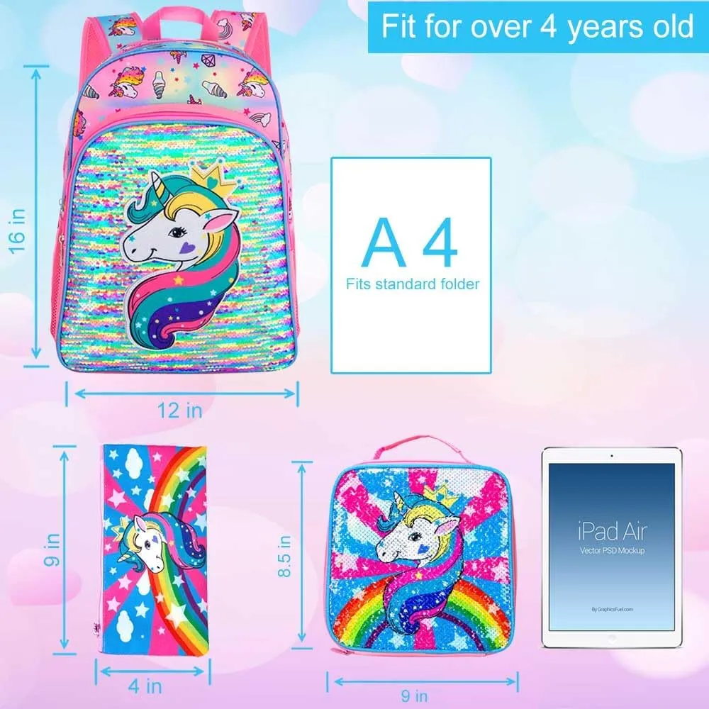 gxtvo 3PCS Girls Backpack, 16" Sequin Prechool Elementary Bookbag and Lunch Box