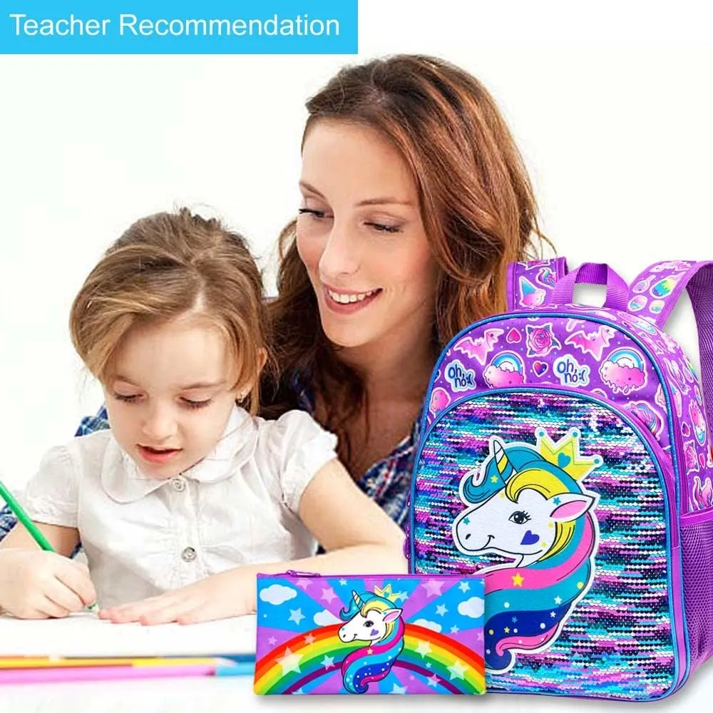 gxtvo 3PCS Girls Backpack, 16" Sequin Prechool Elementary Bookbag and Lunch Box