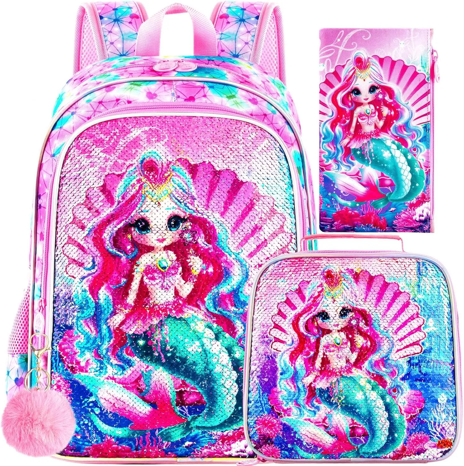 gxtvo 3PCS Girls Backpack, 16" Sequin Prechool Elementary Bookbag and Lunch Box