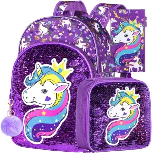 gxtvo 3PCS Girls Backpack, 16" Sequin Prechool Elementary Bookbag and Lunch Box
