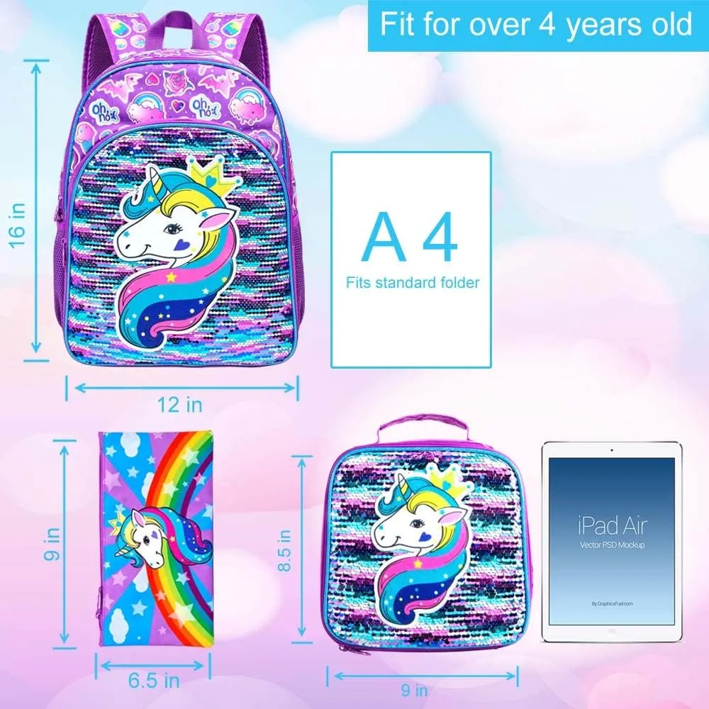 gxtvo 3PCS Girls Backpack, 16" Sequin Prechool Elementary Bookbag and Lunch Box