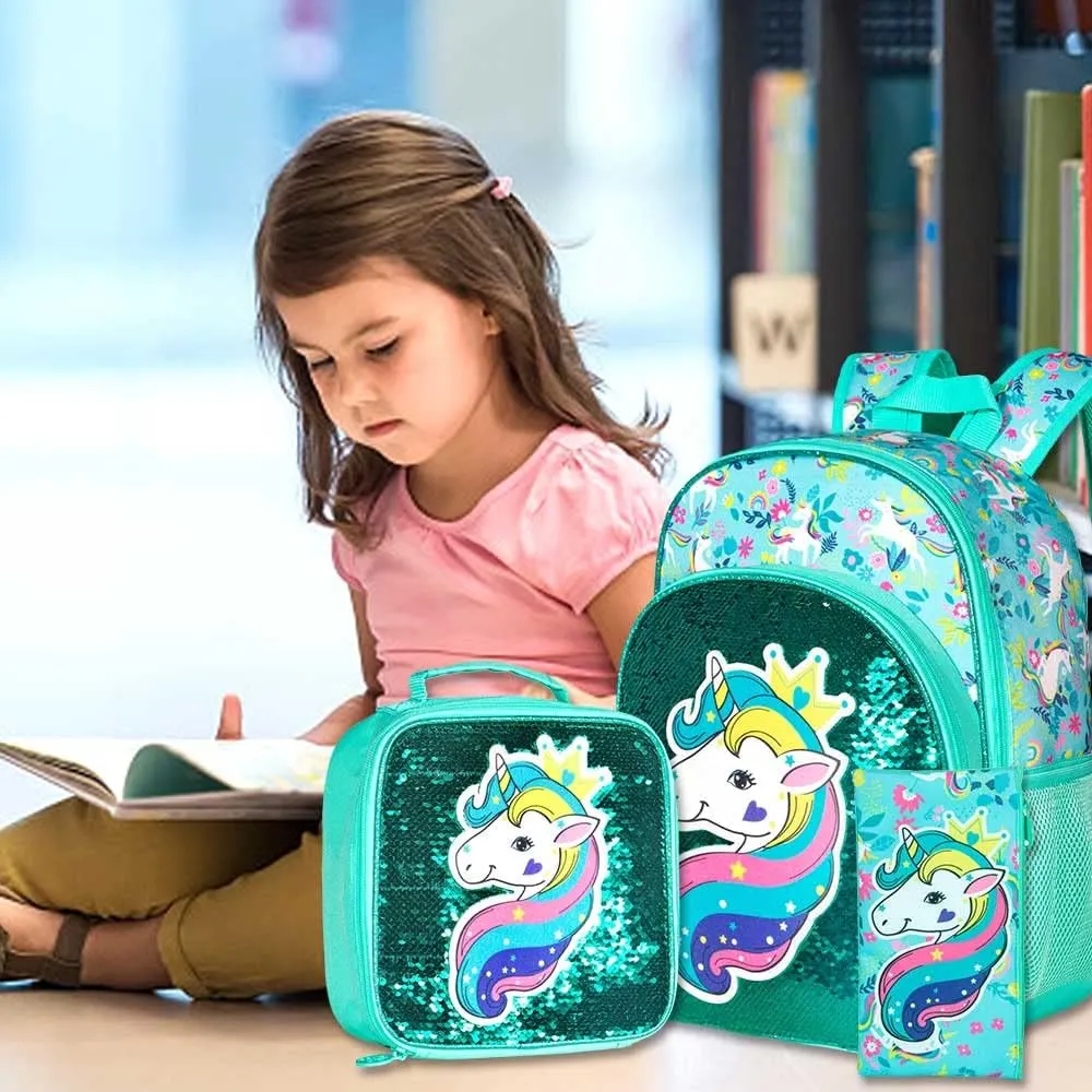 gxtvo 3PCS Girls Backpack, 16" Sequin Prechool Elementary Bookbag and Lunch Box