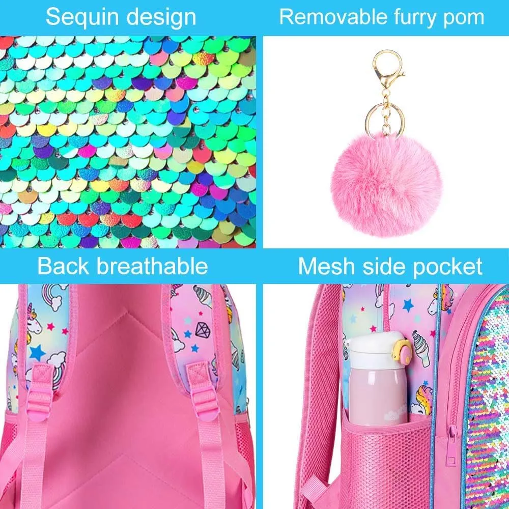 gxtvo 3PCS Girls Backpack, 16" Sequin Prechool Elementary Bookbag and Lunch Box