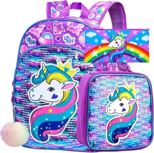 gxtvo 3PCS Girls Backpack, 16" Sequin Prechool Elementary Bookbag and Lunch Box