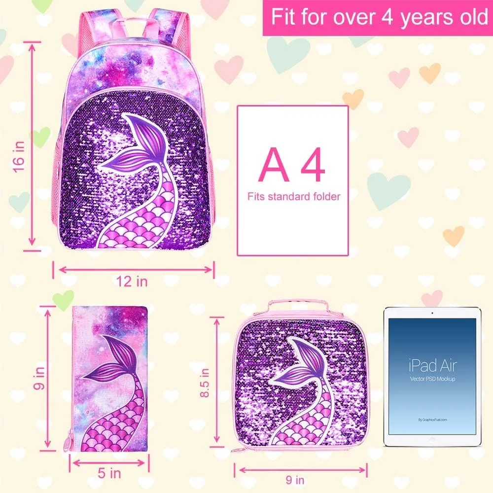 gxtvo 3PCS Girls Backpack, 16" Sequin Prechool Elementary Bookbag and Lunch Box