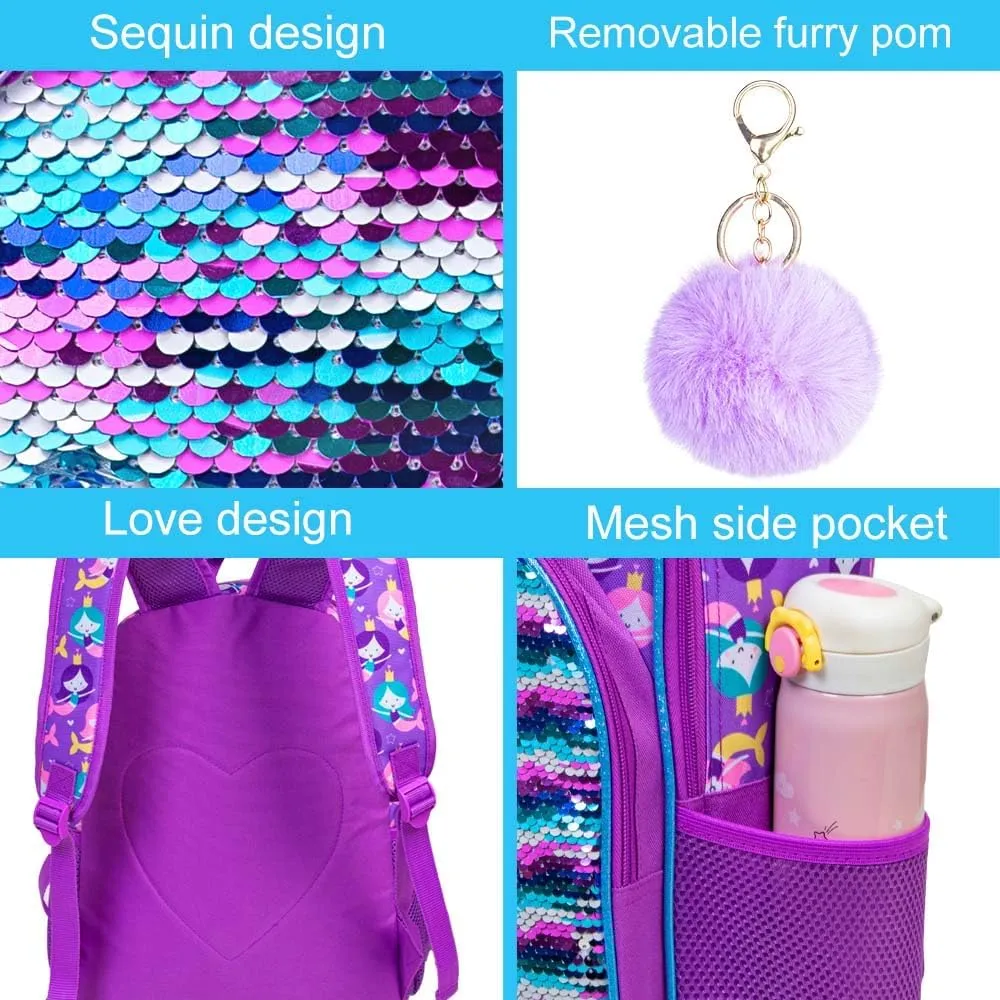 gxtvo 3PCS Girls Backpack, 16" Sequin Prechool Elementary Bookbag and Lunch Box