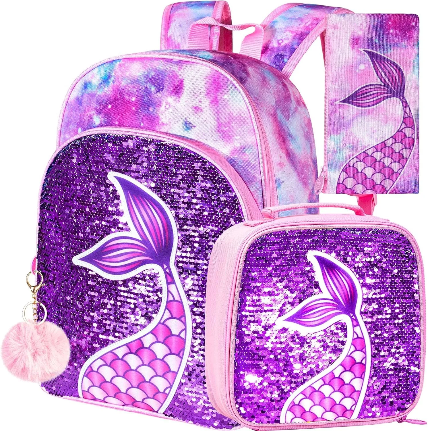 gxtvo 3PCS Girls Backpack, 16" Sequin Prechool Elementary Bookbag and Lunch Box