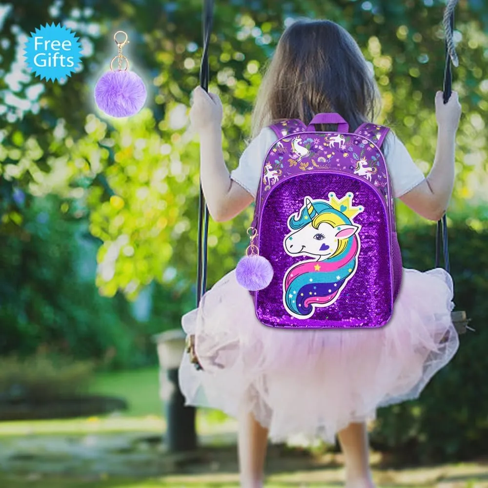 gxtvo 3PCS Girls Backpack, 16" Sequin Prechool Elementary Bookbag and Lunch Box