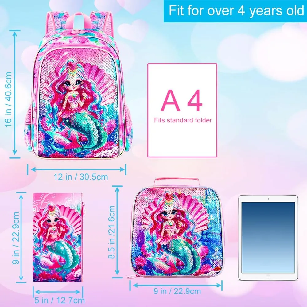 gxtvo 3PCS Girls Backpack, 16" Sequin Prechool Elementary Bookbag and Lunch Box
