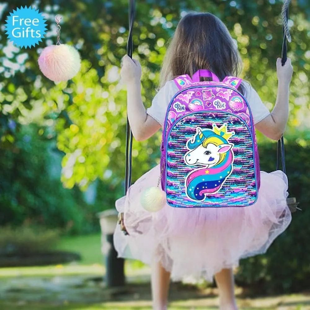 gxtvo 3PCS Girls Backpack, 16" Sequin Prechool Elementary Bookbag and Lunch Box