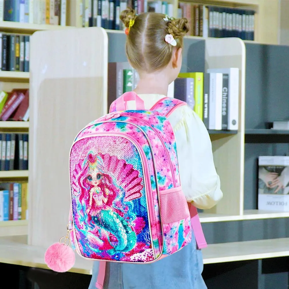gxtvo 3PCS Girls Backpack, 16" Sequin Prechool Elementary Bookbag and Lunch Box