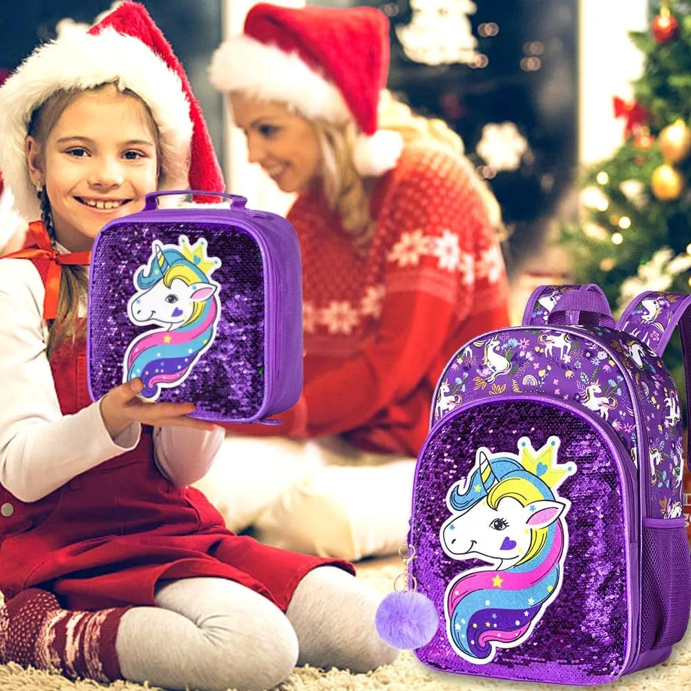 gxtvo 3PCS Girls Backpack, 16" Sequin Prechool Elementary Bookbag and Lunch Box