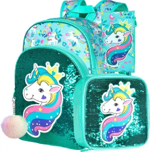 gxtvo 3PCS Girls Backpack, 16" Sequin Prechool Elementary Bookbag and Lunch Box