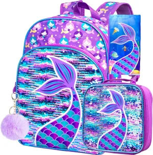 gxtvo 3PCS Girls Backpack, 16" Sequin Prechool Elementary Bookbag and Lunch Box