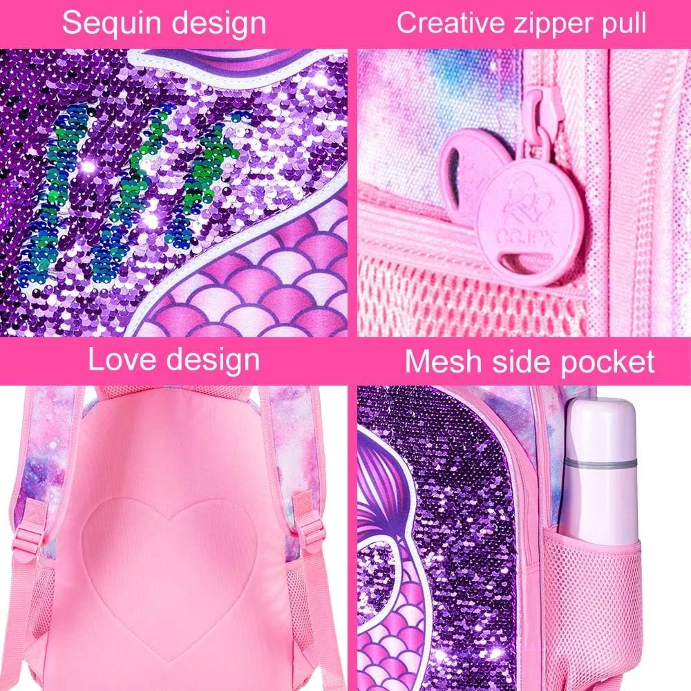 gxtvo 3PCS Girls Backpack, 16" Sequin Prechool Elementary Bookbag and Lunch Box
