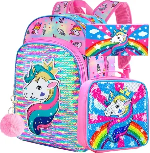 gxtvo 3PCS Girls Backpack, 16" Sequin Prechool Elementary Bookbag and Lunch Box