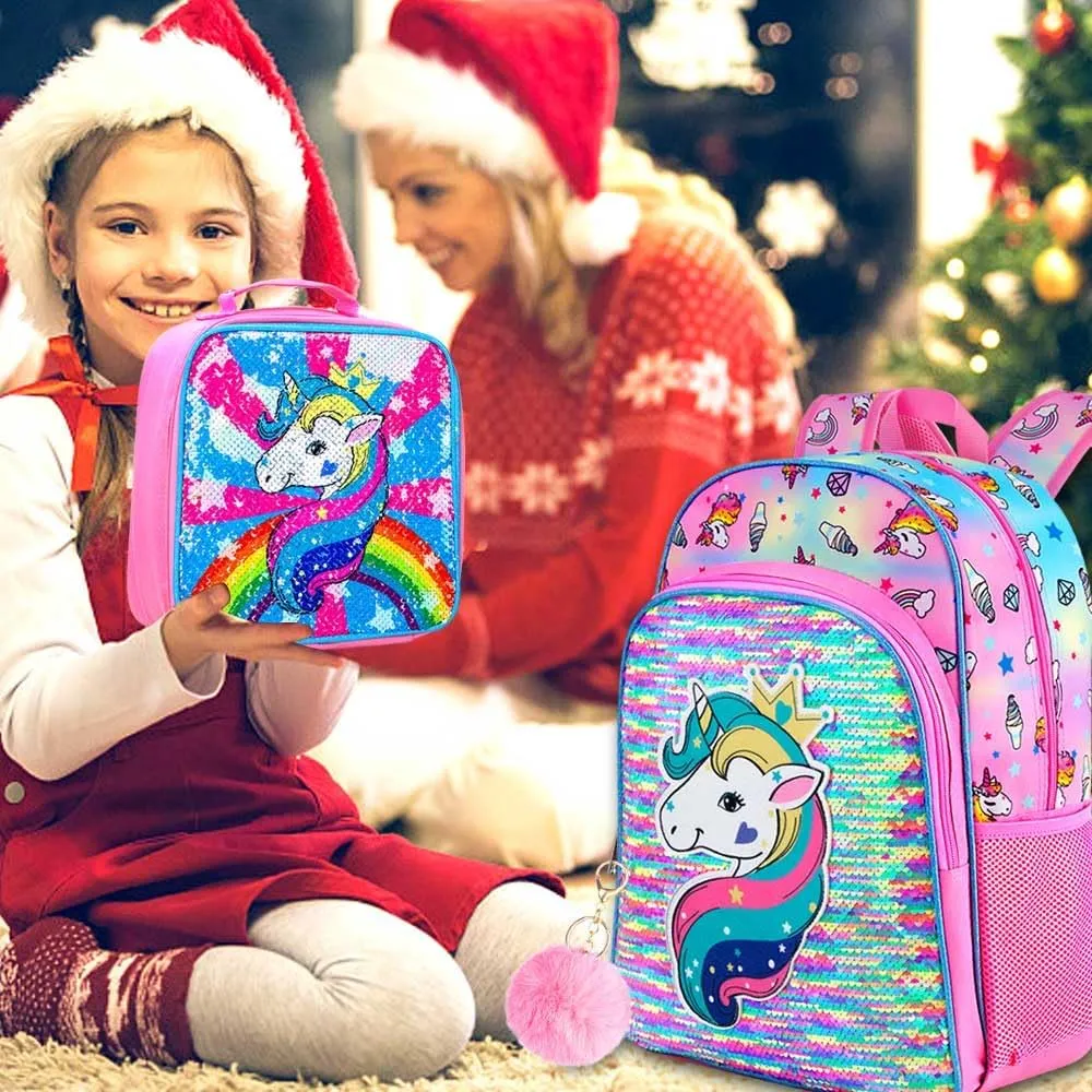 gxtvo 3PCS Girls Backpack, 16" Sequin Prechool Elementary Bookbag and Lunch Box