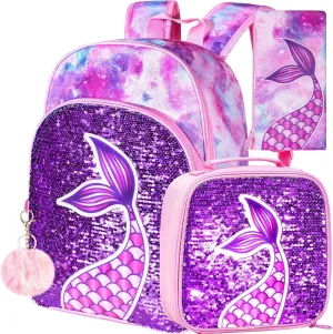 gxtvo 3PCS Girls Backpack, 16" Sequin Prechool Elementary Bookbag and Lunch Box
