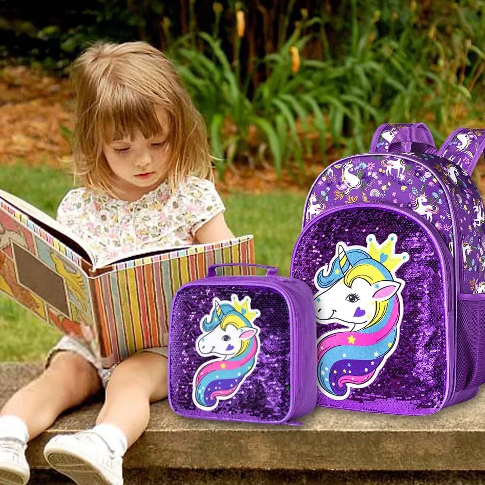 gxtvo 3PCS Girls Backpack, 16" Sequin Prechool Elementary Bookbag and Lunch Box