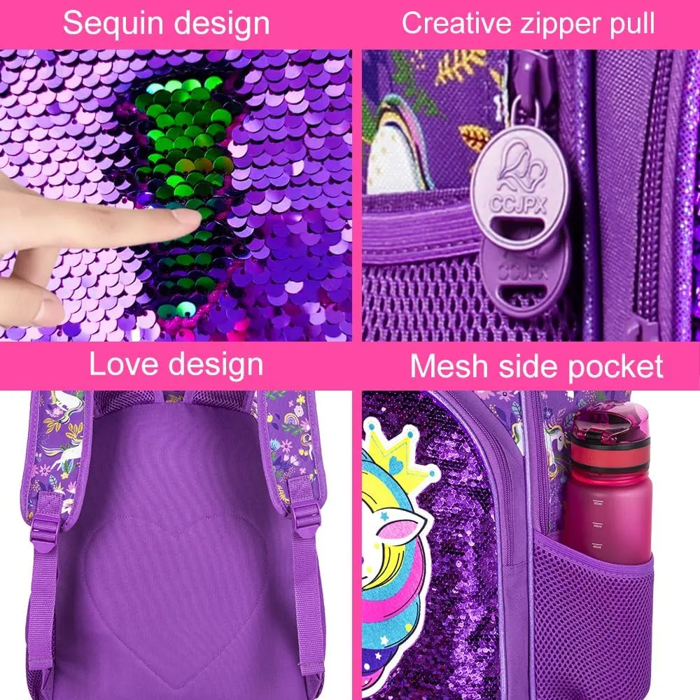 gxtvo 3PCS Girls Backpack, 16" Sequin Prechool Elementary Bookbag and Lunch Box