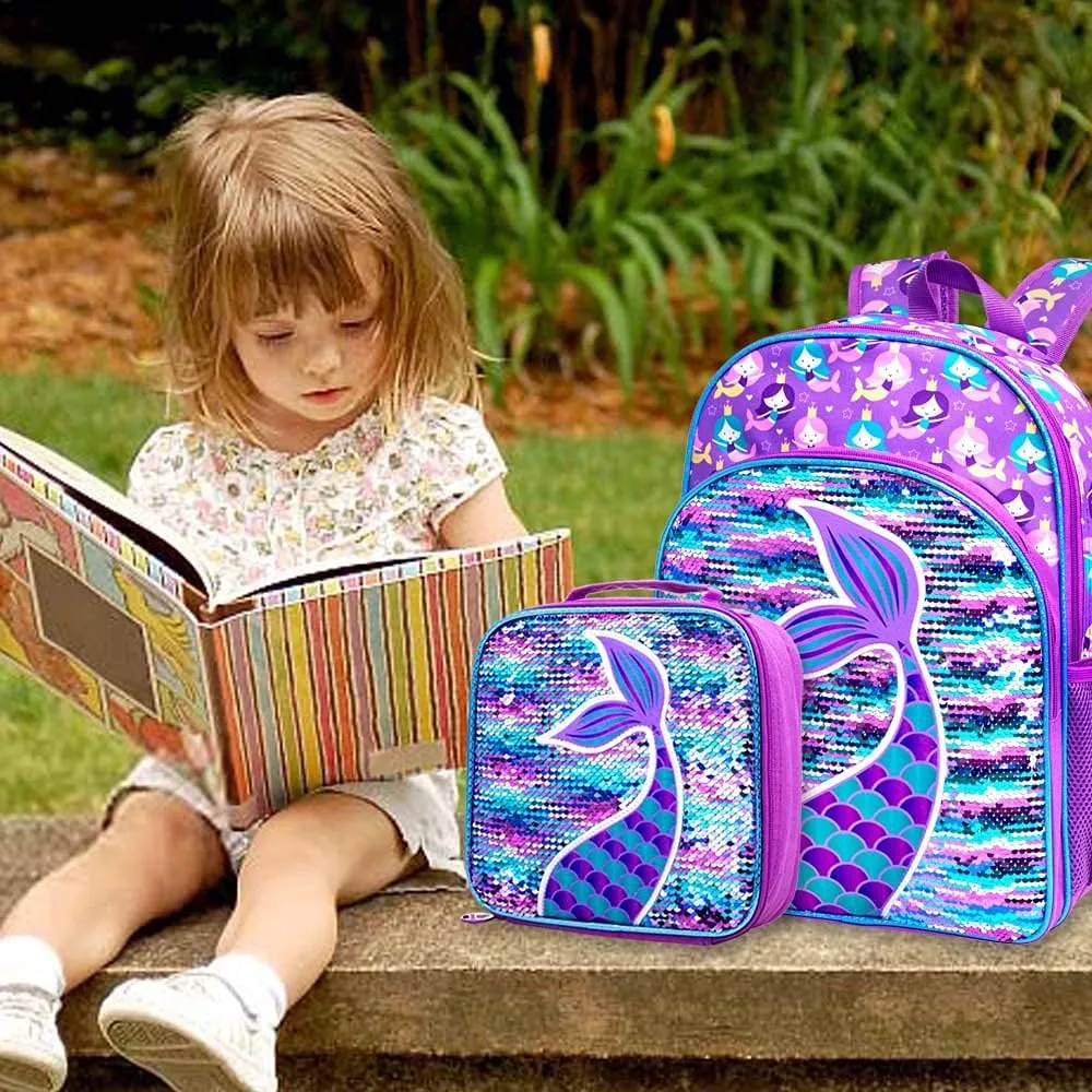 gxtvo 3PCS Girls Backpack, 16" Sequin Prechool Elementary Bookbag and Lunch Box