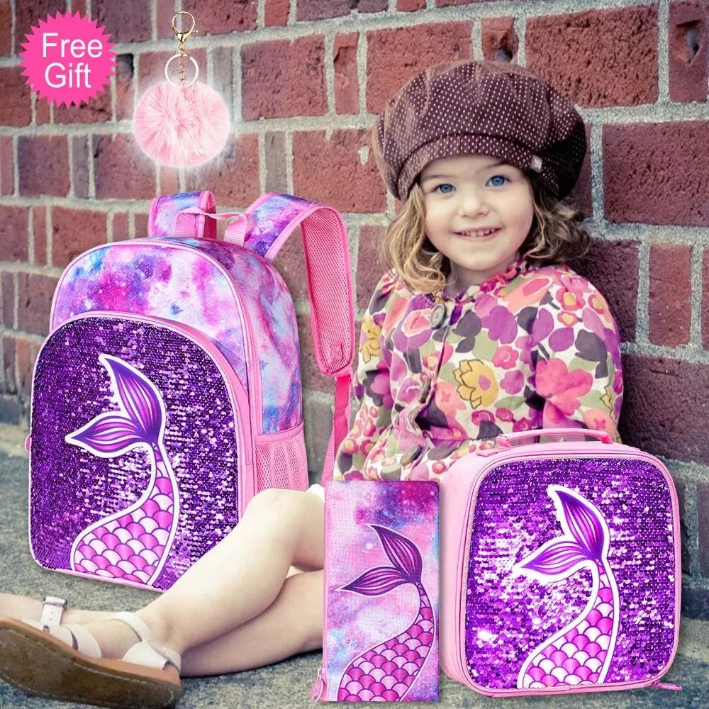 gxtvo 3PCS Girls Backpack, 16" Sequin Prechool Elementary Bookbag and Lunch Box