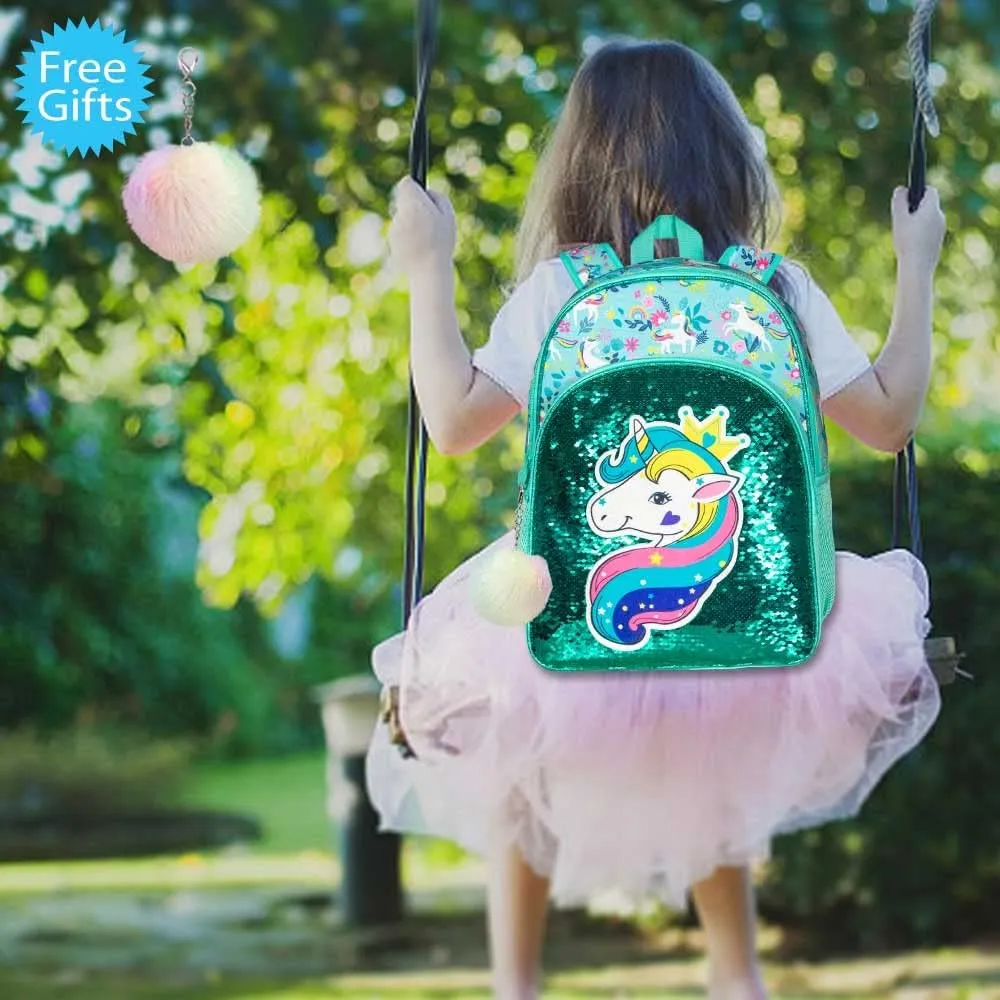 gxtvo 3PCS Girls Backpack, 16" Sequin Prechool Elementary Bookbag and Lunch Box