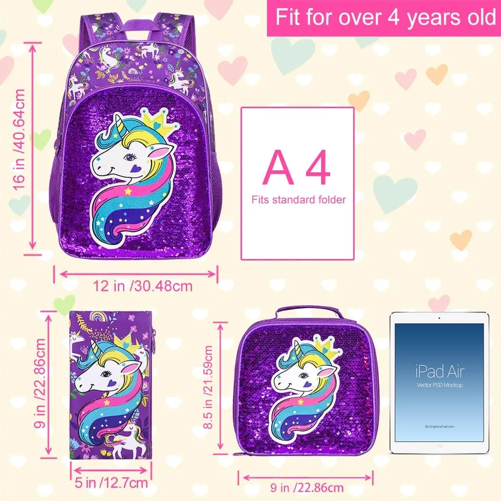 gxtvo 3PCS Girls Backpack, 16" Sequin Prechool Elementary Bookbag and Lunch Box
