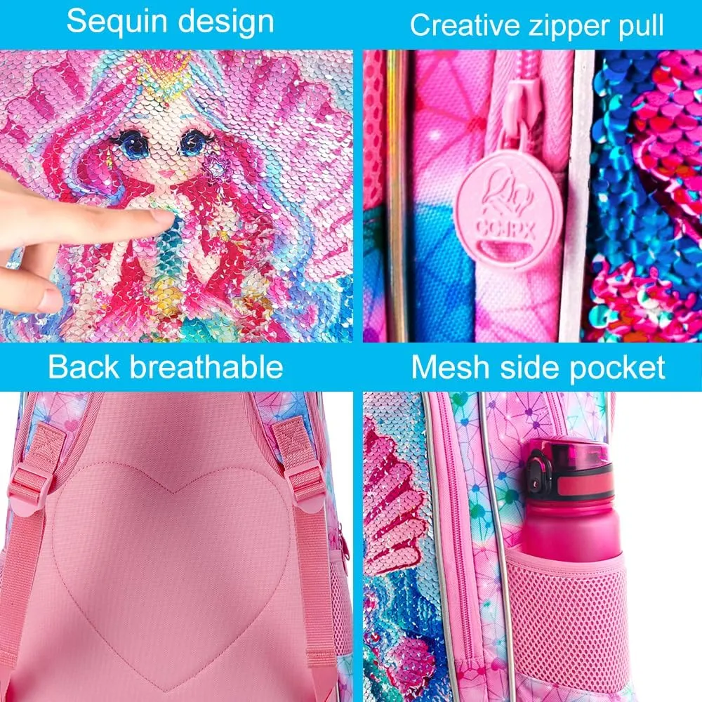 gxtvo 3PCS Girls Backpack, 16" Sequin Prechool Elementary Bookbag and Lunch Box