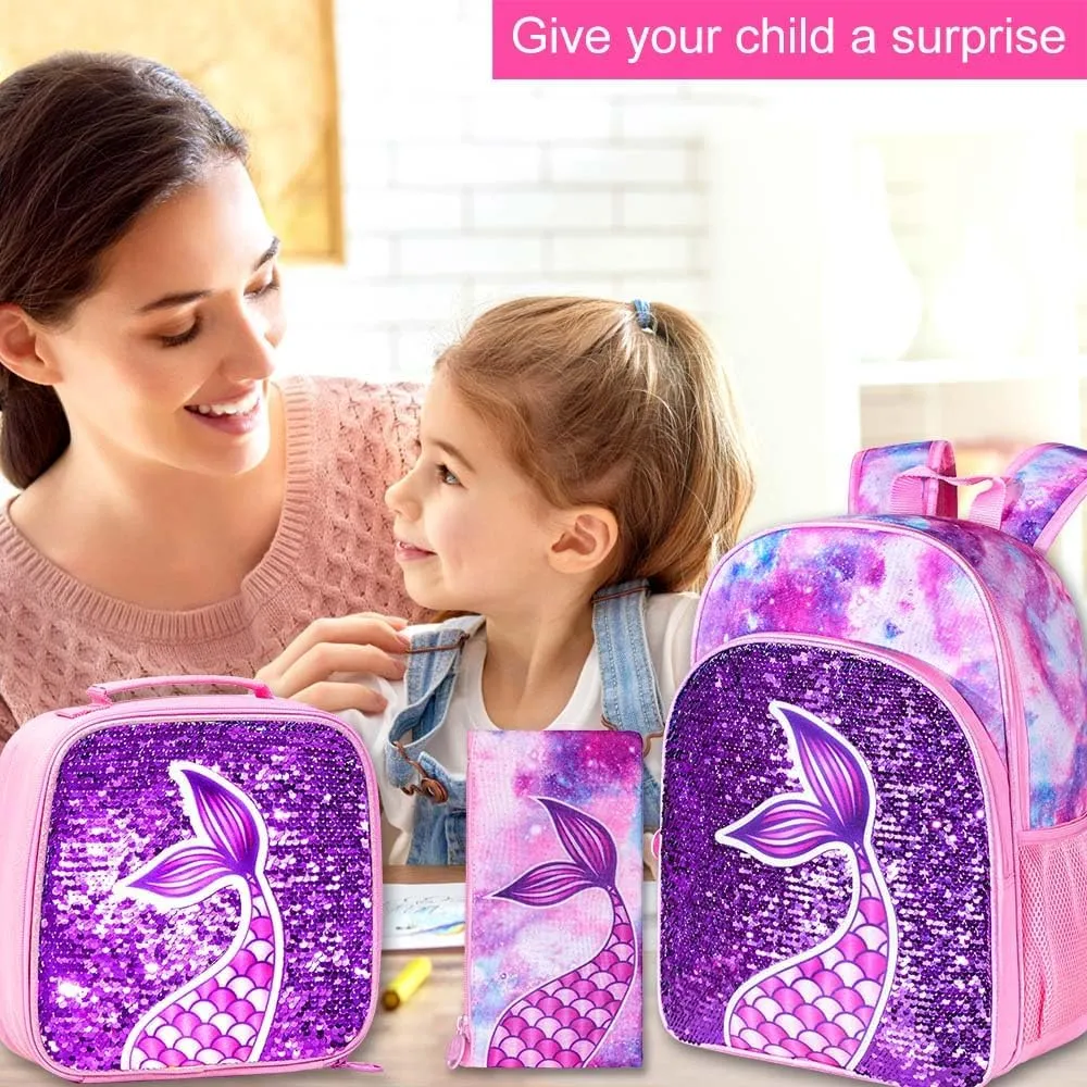 gxtvo 3PCS Girls Backpack, 16" Sequin Prechool Elementary Bookbag and Lunch Box