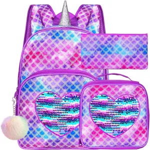gxtvo 3PCS Mermaid Backpack for Girls, 14.5" Sequin Preschool Elementary Bookbag and Lunch Box