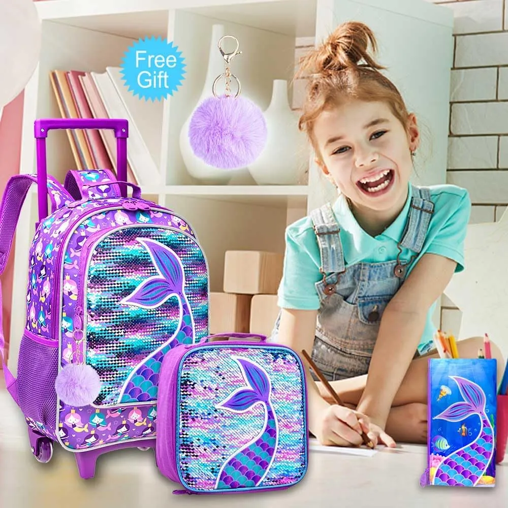 gxtvo Rolling Backpack for Girls, Roller Wheels Kids Bookbag - Wheeled Suitcase Elementary Sequin School Bag - 3PCS Mermaid