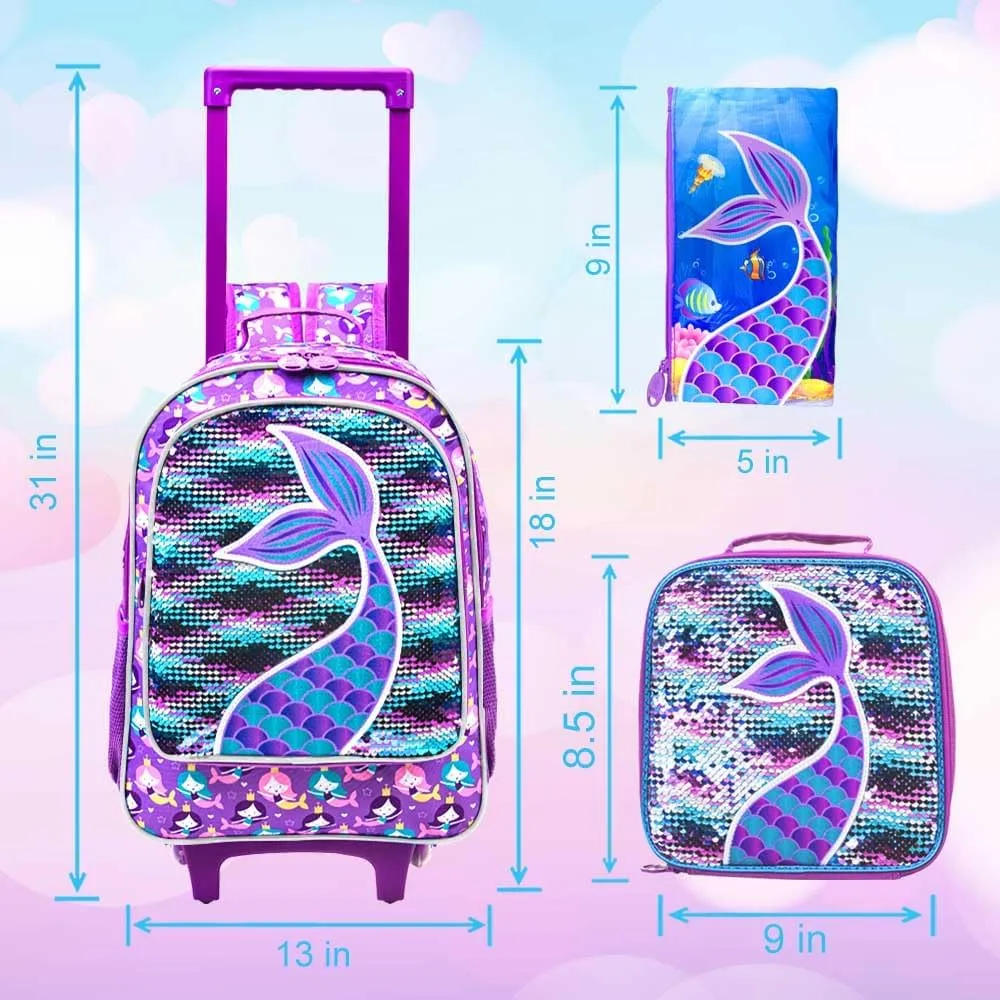 gxtvo Rolling Backpack for Girls, Roller Wheels Kids Bookbag - Wheeled Suitcase Elementary Sequin School Bag - 3PCS Mermaid