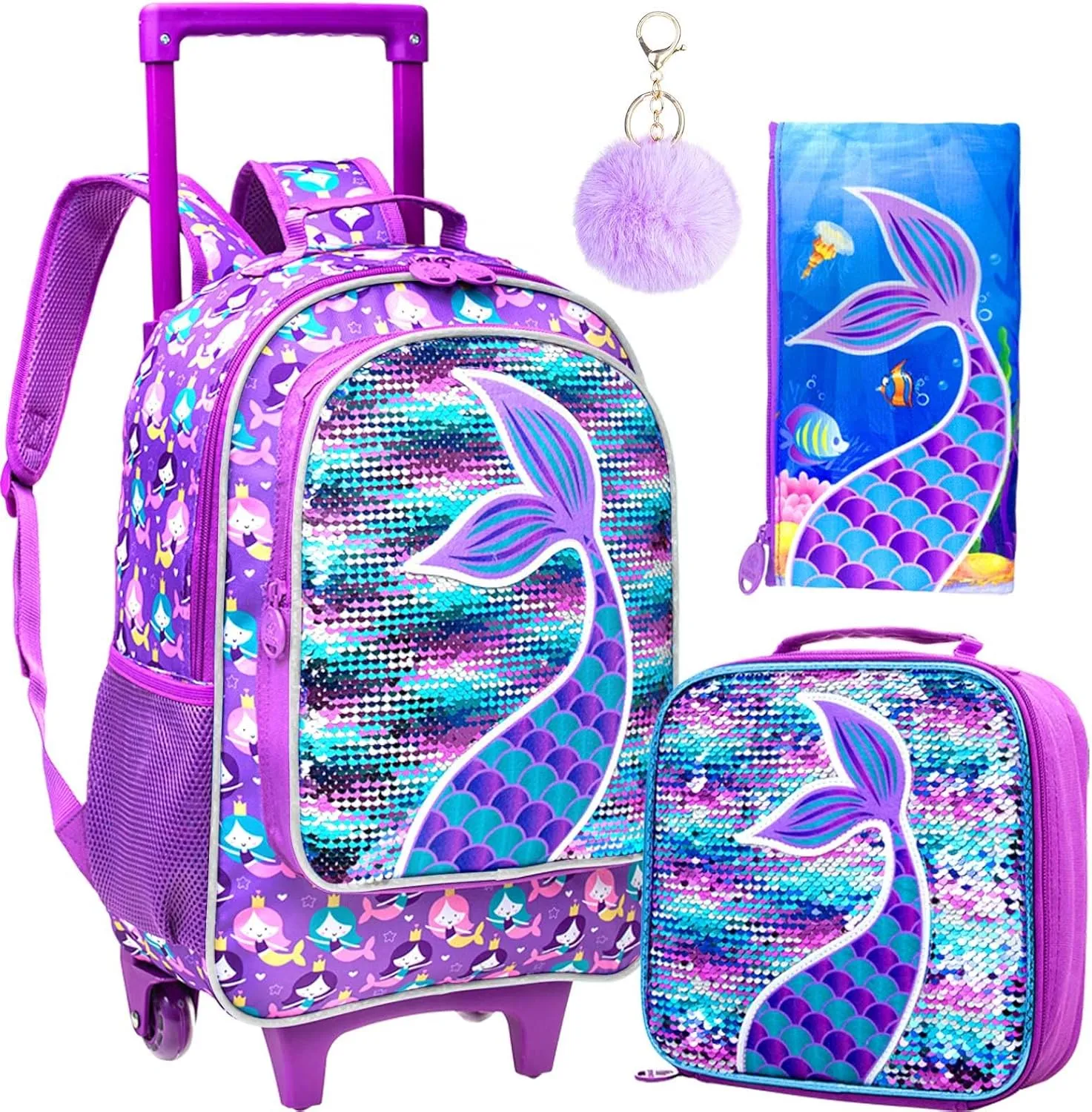 gxtvo Rolling Backpack for Girls, Roller Wheels Kids Bookbag - Wheeled Suitcase Elementary Sequin School Bag - 3PCS Mermaid