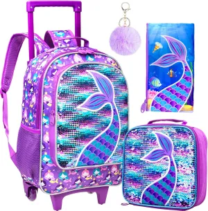 gxtvo Rolling Backpack for Girls, Roller Wheels Kids Bookbag - Wheeled Suitcase Elementary Sequin School Bag - 3PCS Mermaid