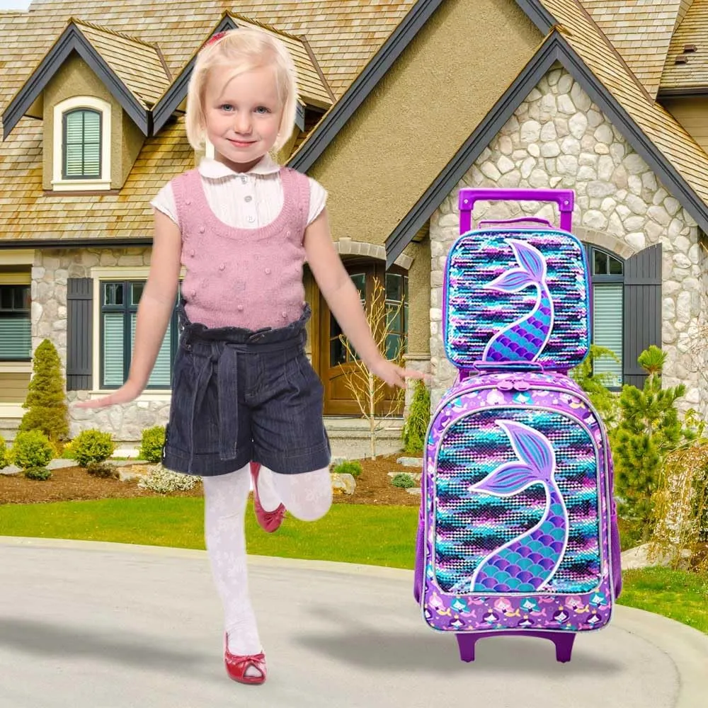 gxtvo Rolling Backpack for Girls, Roller Wheels Kids Bookbag - Wheeled Suitcase Elementary Sequin School Bag - 3PCS Mermaid