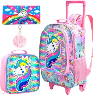 gxtvo Rolling Backpack for Girls, Roller Wheels Kids Bookbag - Wheeled Suitcase Elementary Sequin School Bag - 3PCS Unicorn