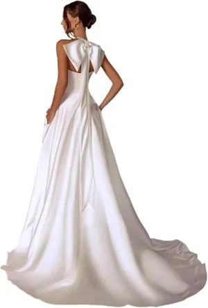 Halter Neck A Line Wedding Dresses for Women with Slit Satin Long Bridal Shower Dress Wedding Dress with Bow