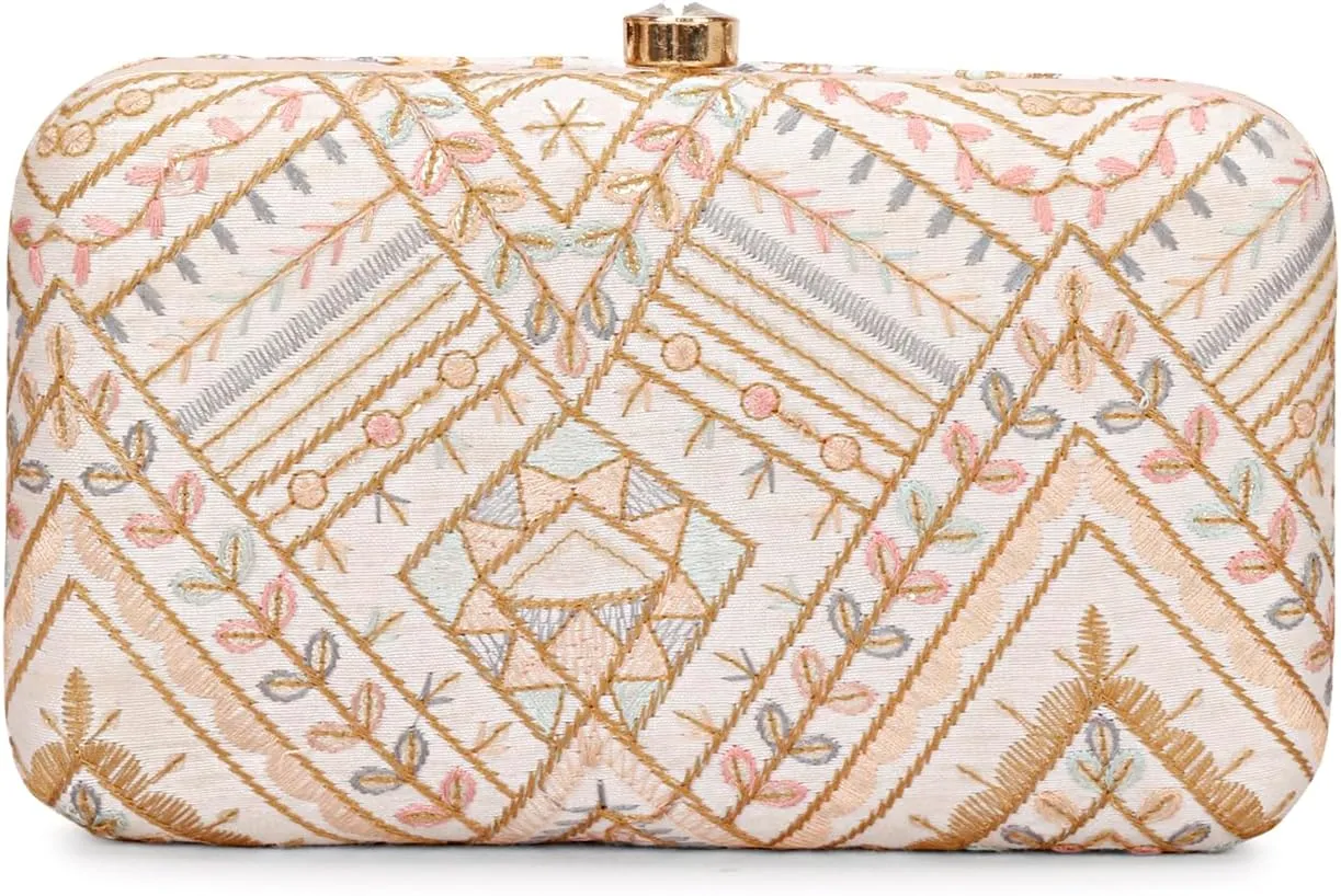 Hand Crafted Designer Box Clutch, Zari Embroidery Clutch - Hand Clutch For Women