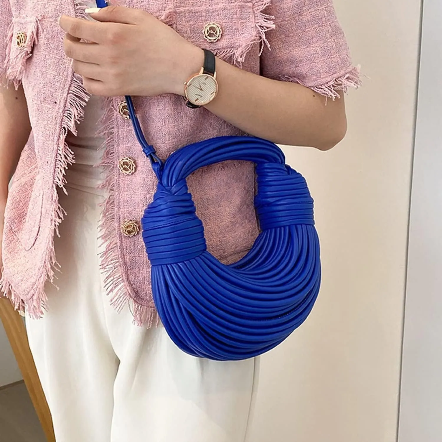 Hand-Woven Bread Women's Clutch Top Handle Satchel Shoulder Crossbody Creative Noodles Purses Underarm Bag Handbag